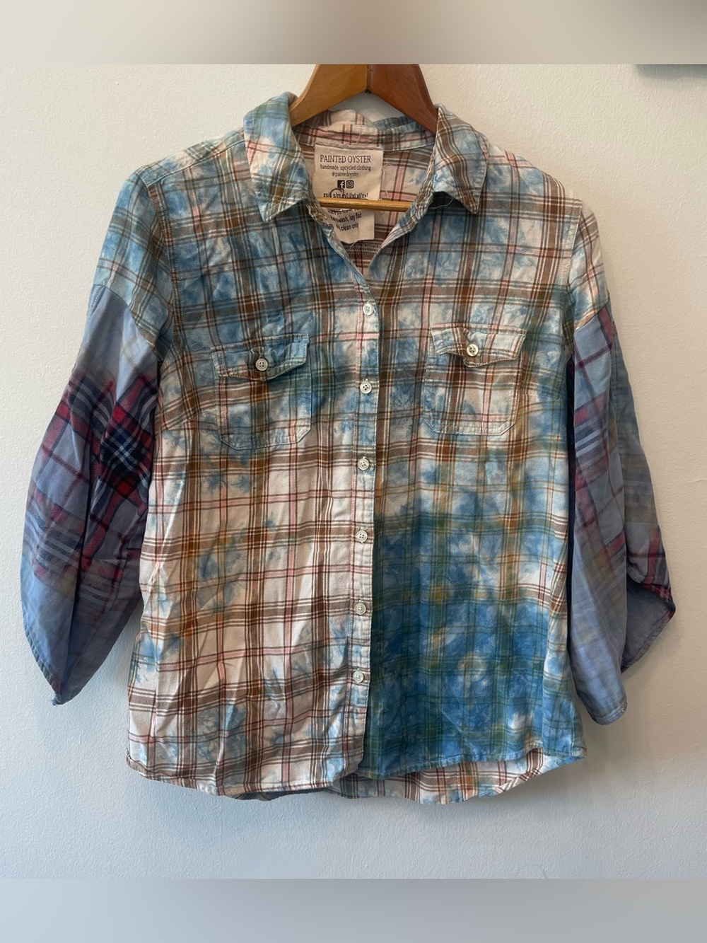 Painted Oyster Bell Sleeve Distressed Plaid Button Down Upcyled S/M